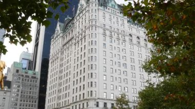 New York Şehri Manhattan Midtown. 5. Cadde 'deki Central Park, ABD. Amerika 'nın simgesi, NYC, ABD' deki şehir parkı. Grand Army Plaza, Pulitzer Plaza 'dan otel mimarisi.