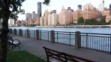 New York şehri kıyısı silueti, Manhattan şehir merkezi binaları, nehir kıyısındaki gökdelenler, doğu nehri suyu. Roosevelt Adası 'ndan deniz kenarı manzarası. Birleşik Devletler mimarisi ve gayrimenkul.