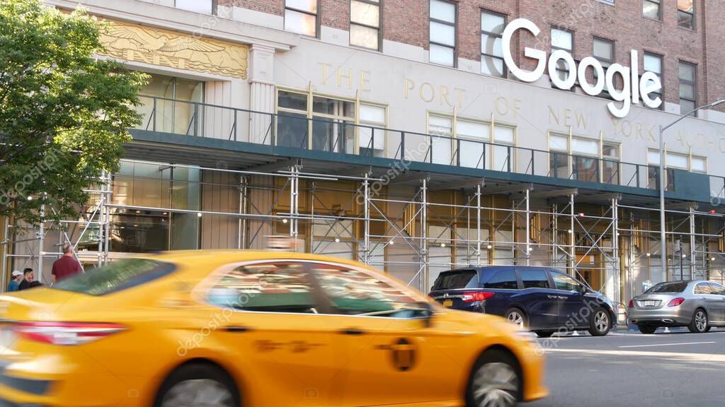 New York City, United States - 1 Sept 2023: Manhattan Midtown street or avenue. Urban red brick architecture USA. Google logo. Headquarters office near Chelsea Market, High Line. Yellow taxi cab car.