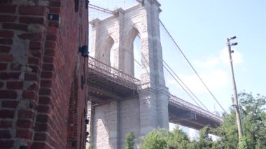 Dumbo 'dan New York City Brooklyn Köprüsü' ne. Kırmızı tuğla duvar, eski tarihi tütün deposu, Market ve Tiyatro. Düşük açı. Sembolik simge altında kemerli pencereler. Amerika Birleşik Devletleri, ABD mimarisi