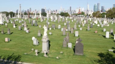 New York, ABD - 14 Eylül 2023: ABD 'deki Calvary Mezarlığı. Manhattan şehir merkezi siluet şehir mimarisi. Mezar taşları, büyük mezarlıklar. Geniş mezarlık çimenleri.