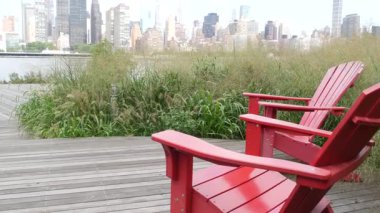 New York şehri kıyısı silueti, Manhattan şehir merkezi binaları, nehir kıyısındaki gökdelenler, doğu nehri suyu. Liman kenti manzarası, Gantry Plaza Park, Long Island, Queens. Birleşik Devletler. Koltuk sırası..