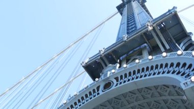 Manhattan Köprüsü 'nden Brooklyn Dumbo' ya. New York 'un sembolü, Amerika' nın seyahat yeri. Birleşik Devletler 'in mimarisi, turizm simgesi. Kablolu yayın köprüsü. Yaya yolundan kablolar ve gökyüzü. Düşük açı.