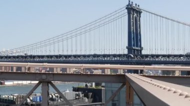 Brooklyn Köprüsü manzaralı New York City Manhattan Köprüsü. ABD seyahat simgesi, New York silueti şehir manzarası. Doğu Nehri üzerinde ikonik mimari. Amerika Birleşik Devletleri 'ni Ziyaret Et.