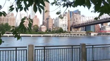 New York City rıhtımı, Queensboro Köprüsü, Manhattan Midtown binaları, nehir manzaralı gökdelenler. Roosevelt Adası 'ndan deniz kenarı manzarası. Birleşik Devletler mimarisi ve gayrimenkul.