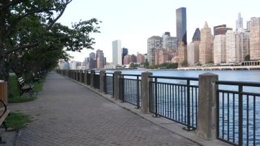 New York şehri kıyısı silueti, Manhattan şehir merkezi binaları, nehir kıyısındaki gökdelenler, doğu nehri suyu. Roosevelt Adası 'ndan deniz kenarı manzarası. Birleşik Devletler mimarisi ve gayrimenkul.
