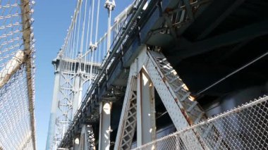 New York City Manhattan Köprüsü 'nden Brooklyn Dumbo' ya. Yaya yolundan gelen Amerikan metro treni. Birleşik Devletler demiryolu taşımacılığı. ABD 'de demiryolu trafiği ve mimarisi.