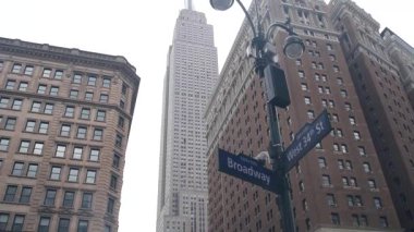 New York Şehri kavşağı, yol kavşağı tabelası. Empire State binası, Midtown bölgesi, Broadway, 34, NYC, ABD. Yükselen gökdelen mimarisi, Bway köşe metin yol işareti.