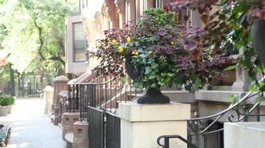 New York City konak binası, Brooklyn Heights yerleşim bölgesi, ABD. Brownstone şehir mimarisi, bağlı ev. Amerika Birleşik Devletleri emlak, Amerikan mülkü, New York 'ta apartmanlar ve evler.