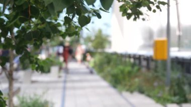 New York City High Line Greenway 'i yükseltti, Manhattan Midtown, ABD. Şehir parkındaki insanlar. Bahçedeki yeşillikte gezinti. Amerikan sokak hayatı, Hudson Yards yakınlarında Chelsea Highline. Demiryolu rayları.