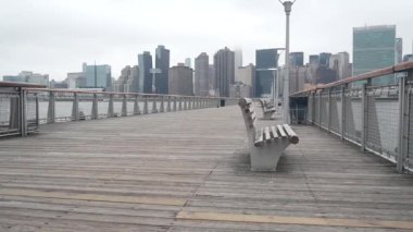 New York şehri kıyısı silueti, Manhattan şehir merkezi binaları, nehir kıyısındaki gökdelenler, doğu nehri suyu. Liman kenti manzarası, Gantry Plaza iskelesi, Long Island, Queens. Birleşik Devletler mimarisi.