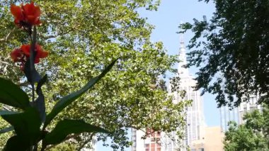 New York City Manhattan Midtown sokak mimarisi. Empire State binası, ABD 'de ikonik gökdelen. Amerikan şehir manzarası, ünlü NYC kulesi, Madison Square Park, Broadway, ABD