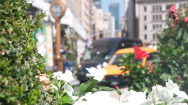 New York, ABD - 6 Eylül 2023 Manhattan Midtown Broadway, 23 sokak, 5 bulvar kavşağı. Madison Park yakınlarındaki Worth Meydanı, Flatiron, ABD. Büyük otobüs turundaki insanlar, sarı taksi..