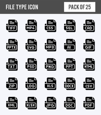 25 File Type Glyph icon pack. vector illustration.
