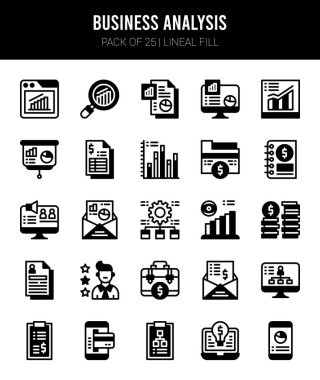 25 Business Analysis Lineal Fill icons Pack vector illustration.