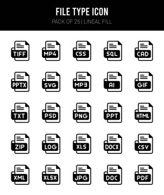 25 File Type Lineal Fill icons Pack vector illustration.