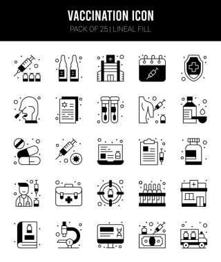 25 Vaccination Lineal Fill icons Pack vector illustration.