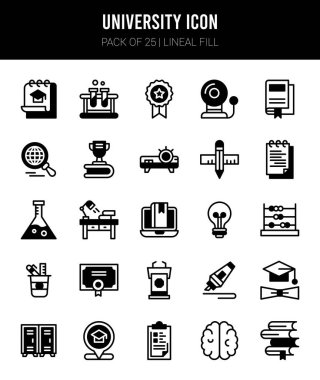 25 University Lineal Fill icons Pack vector illustration.