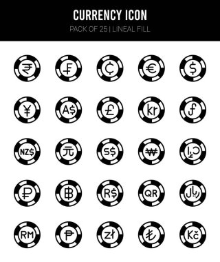 25 Currency Coin Lineal Fill icons Pack vector illustration.
