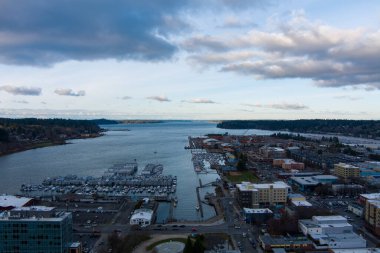 Aerial view of the Olympia, WA waterfront in December 2022