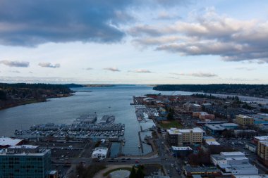 Aerial view of the Olympia, WA waterfront in December 2022 clipart