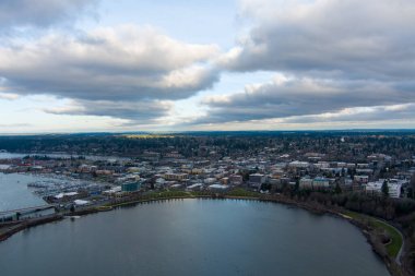 Aerial view of the Olympia, WA waterfront in December 2022