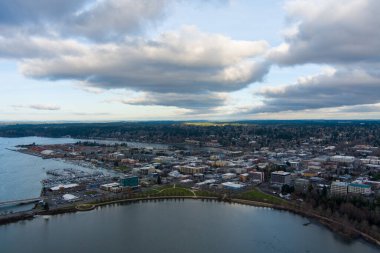 Aerial view of the Olympia, WA waterfront in December 2022