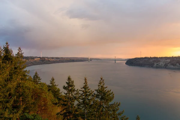 stock image Aerial view of the Puget Sound and the Tacoma Narrows Bridge at sunset