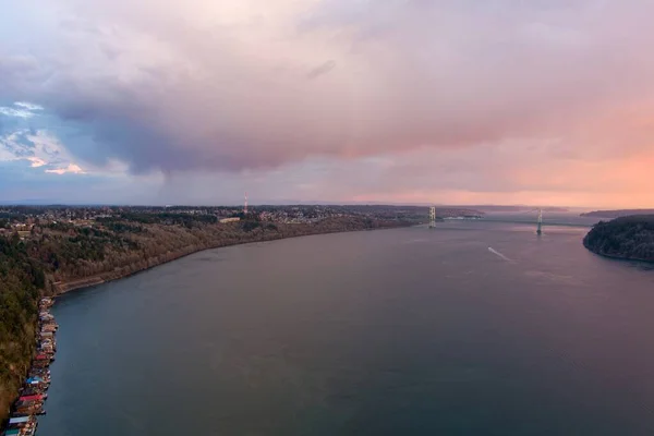 Vista Aérea Puget Sound Ponte Tacoma Narrows Pôr Sol — Fotografia de Stock