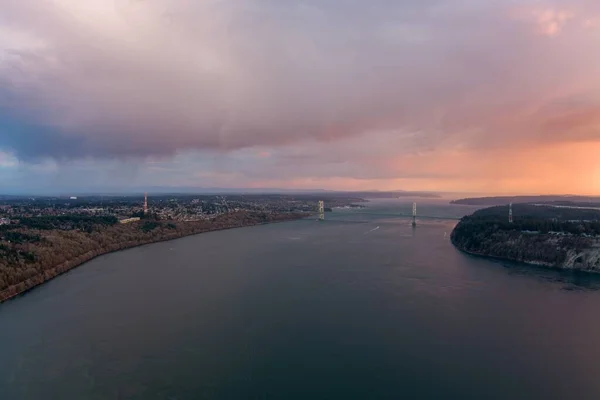 stock image Aerial view of the Puget Sound and the Tacoma Narrows Bridge at sunset