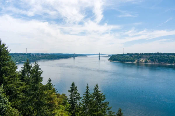 Açık bir yaz gününde Tacoma Narrows ve Point Defiance 'ın insansız hava aracı fotoğrafları.