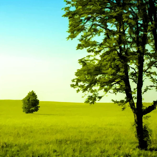 Einsamer Baum Auf Dem Feld Vektorillustration Wildlife Hintergrundvorlage — Stockvektor