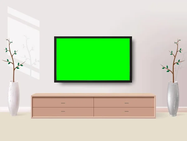 Modèle Écran Lcd Réaliste Panneau Avec Écran Vert Sur Fond — Image vectorielle
