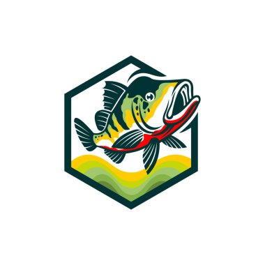Altıgen konseptli tavuskuşu levreği balığı logosu
