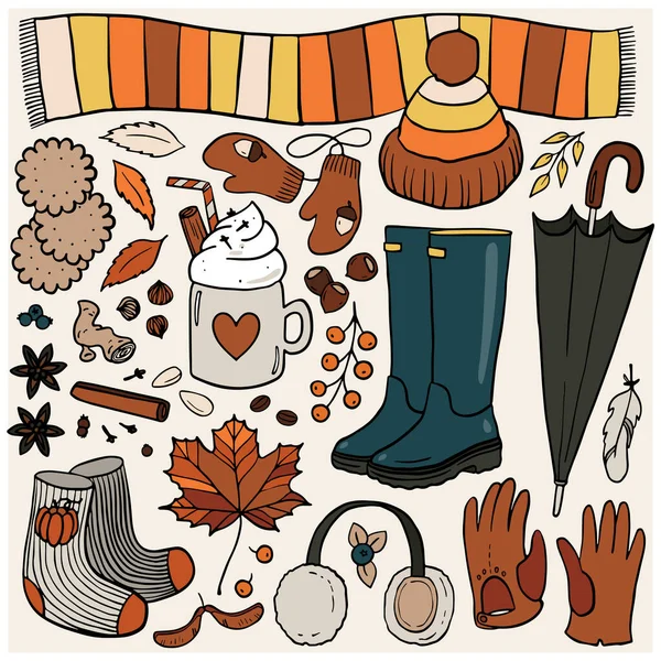 Herfst Cozy Outfit Doodle Lineaire Kleurrijke Vector Seizoensgebonden Illustratie Set — Stockvector