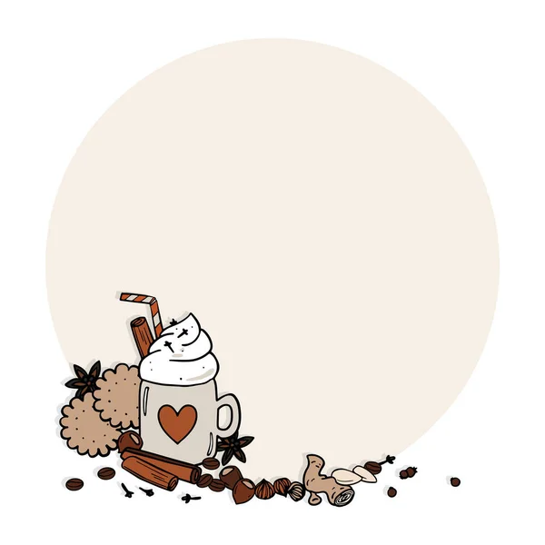 Balkabağı Baharatlı Latte Kurabiyeler Fındıklar Badem Baharatlarla Dolu Sonbahar Elementlerini — Stok Vektör