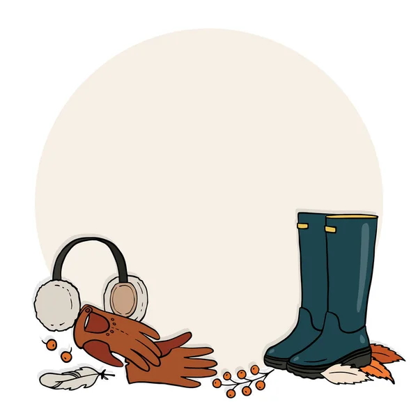 Útulný Podzim Koženými Rukavicemi Dešťové Boty Sluchátka Barevné Ručně Kreslené — Stockový vektor