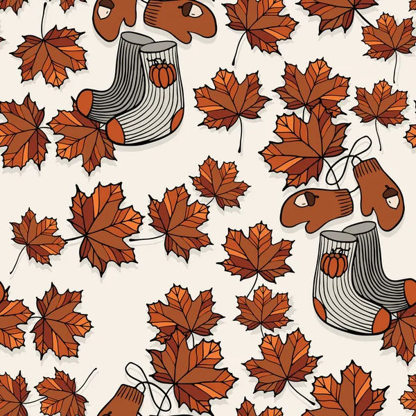 秋天的绒毛袜和枫叶线性彩色病媒季节无缝模式隔离在光的背景下 — 图库矢量图片