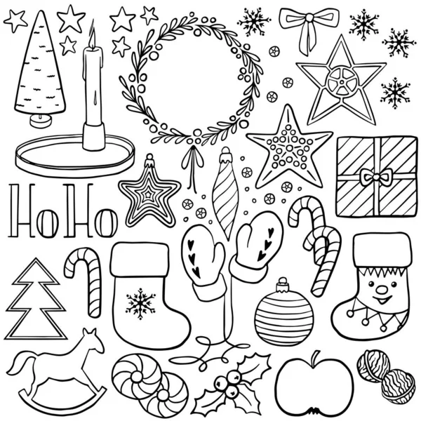 Jul Säsong Winter Holiday Doodle Linjär Monokrom Vektor Säsongsbetonad Illustration — Stock vektor