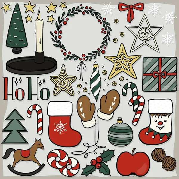 Weihnachtszeit Winter Holiday Doodle Lineare Bunte Vektor Saisonale Illustration Set — Stockvektor