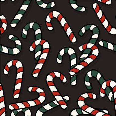 Noel sezonu Kış Tatili Doodle lineer renkli vektör sezonluk dikişsiz desen kırmızı ve yeşil baston şekerler koyu arka planda tamamen izole 