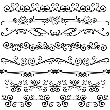 Hand drawn horizontal curly ornamental dividers. Calligraphy card poster wedding engagement menu divider ornamental decorative elements. Isolated graphic vector object set.