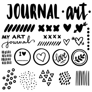 art journal dot line cross heart text graphic monochrome vector elements isolated on white background