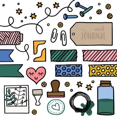 Sanat dergisi hatıra defteri dekorasyonu set yıldızı ve yuvarlak pullar sicim washi bant ataçları ve kavanoz renkli ofis ekipmanları beyaz arka planda izole edilmiş.