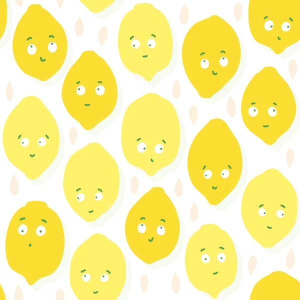 カラフルなベクトル手描き乱雑なレモンの果実と種夏のシームレスな繰り返しパターン白の背景 — ストックベクタ