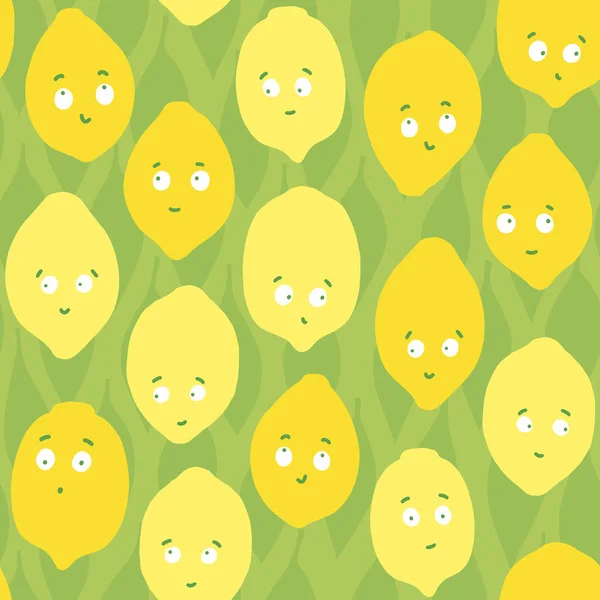 Renkli Vektör Karışık Limon Meyveleri Çizdi Yaz Mevsiminde Yeşil Arka — Stok Vektör