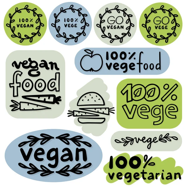 stock vector monochrome linear abstract vege vegan label set with typographic and graphic doodle elements on colorful badges isolated on white background for web and print