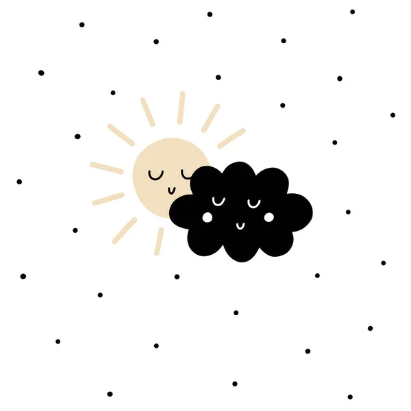 色彩斑斓的太阳和白斑背景上的云彩手绘涂鸦简约的风格可爱的天气符号儿童卡片海报内饰插图 — 图库矢量图片