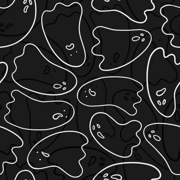 紙の壁紙のための暗い背景に隔離された恐ろしい幽霊のシルエットと季節のモノクロリニア漫画ハロウィンシームレスパターンウェブ — ストックベクタ