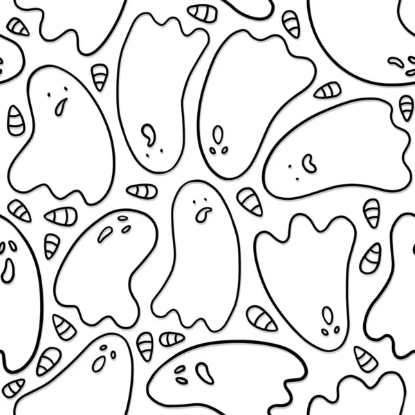 恐ろしい幽霊とトウモロコシの種のシルエットと季節のモノクロリニア漫画ハロウィンシームレスパターン紙の壁紙のWebのための白い背景に隔離された — ストックベクタ